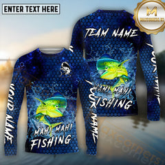Maxcorners Mahi-Mahi Fishing Blue Strike Honeycomb Pattern Pattern Sport Jersey Personalized Name, Team Name Long Sleeve Shirt