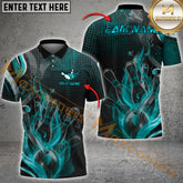 Maxcorners Bowling & Pins Flame Ball Dotted Pattern Multicolor Option Customized Name, Team Name 3D Polo Shirt (4 Colors)