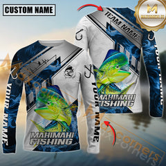 Maxcorners Mahi-Mahi Fishing Blue Flame With Silver Line Hook Design Pattern Sport Jersey Personalized Name, Team Name Long Sleeve Shirt