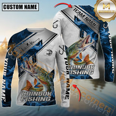 Maxcorners Pike Fishing Blue Flame With Silver Line Hook Design Pattern Sport Jersey Personalized Name, Team Name Long Sleeve Shirt