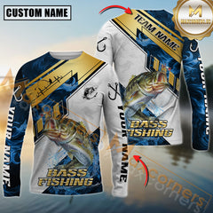 Maxcorners Bass Fishing Blue Flame With Golden Line Hook Design Pattern Sport Jersey Personalized Name, Team Name Long Sleeve Shirt