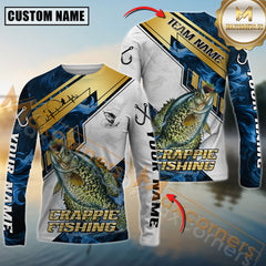 Maxcorners Crappie Fishing Blue Flame With Golden Line Hook Design Pattern Sport Jersey Personalized Name, Team Name Long Sleeve Shirt