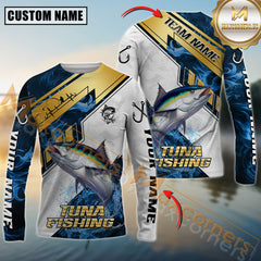 Maxcorners Tuna Fishing Blue Flame With Golden Line Hook Design Pattern Sport Jersey Personalized Name, Team Name Long Sleeve Shirt