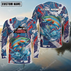 Maxcorner Trout Fishing Red, White And Blue Lightning Camo Pattern Personalized 3D Long Sleeve Shirt