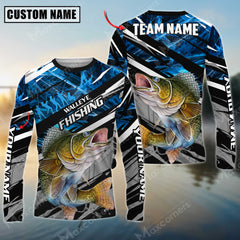 Maxcorner Walleye Fishing Blue Camo Pattern Personalized 3D Long Sleeve Shirt