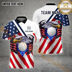 Maxcorners Golf Premium Eagle American Flag Customized Name, Team Name 3D Polo Shirt