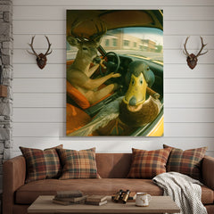 Maxcorners Wild Road Trip Canvas Wall Art – Deer & Duck Adventure Scene – Quirky Rustic Cabin Decor