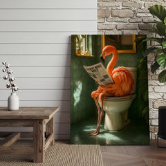 Maxcorners Funny Flamingo Bathroom Canvas Wall Art – Quirky Bird Reading Newspaper Print – Humorous Home Decor