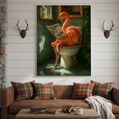 Maxcorners Funny Flamingo Bathroom Canvas Wall Art – Quirky Bird Reading Newspaper Print – Humorous Home Decor