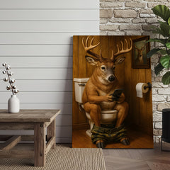 Maxcorners Funny Deer Bathroom Canvas Wall Art – Hilarious Rustic Hunting Lodge Home Decor Gift