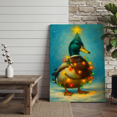 Maxcorners Funny Mallard Duck Christmas Canvas Wall Art – Festive Holiday Decor – Rustic Lodge Gift Idea