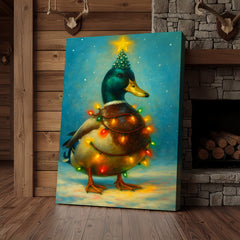 Maxcorners Funny Mallard Duck Christmas Canvas Wall Art – Festive Holiday Decor – Rustic Lodge Gift Idea
