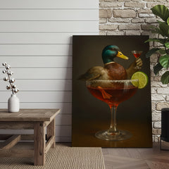 Maxcorners Funny Mallard Duck Canvas Wall Art - Quirky Animal in Cocktail Glass Design - Unique Wildlife Artwork for Home Decor