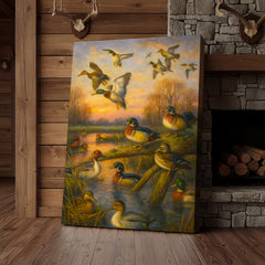 Maxcorners Duck Hunting Canvas Wall Art – Oil Painting Style Waterfowl at Sunset Rustic Lodge Decor