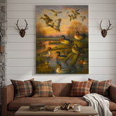 Maxcorners Duck Hunting Canvas Wall Art – Oil Painting Style Waterfowl at Sunset Rustic Lodge Decor
