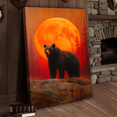 Maxcorners Bear Canvas Wall Art – Majestic Black Bear with Fiery Orange Full Moon – Rustic Wildlife Lodge & Cabin Decor