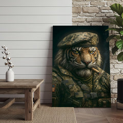 Maxcorners Military Tiger Canvas Wall Art, Warrior Animal Portrait in Army Uniform, Bold Patriotic Home Decor Gift for Men