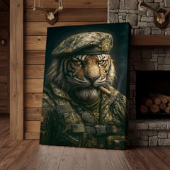 Maxcorners Military Tiger Canvas Wall Art, Warrior Animal Portrait in Army Uniform, Bold Patriotic Home Decor Gift for Men