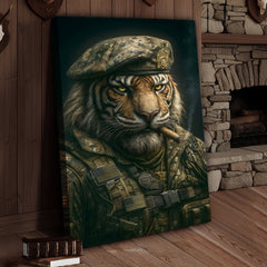 Maxcorners Military Tiger Canvas Wall Art, Warrior Animal Portrait in Army Uniform, Bold Patriotic Home Decor Gift for Men