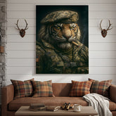 Maxcorners Military Tiger Canvas Wall Art, Warrior Animal Portrait in Army Uniform, Bold Patriotic Home Decor Gift for Men