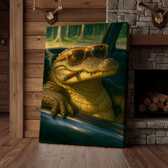 Maxcorners Cool Alligator Canvas Wall Art, Retro Sunglasses Gator in Car Portrait, Funny Swamp Reptile Decor for Men