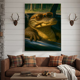 Maxcorners Cool Alligator Canvas Wall Art, Retro Sunglasses Gator in Car Portrait, Funny Swamp Reptile Decor for Men