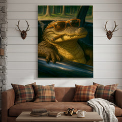 Maxcorners Cool Alligator Canvas Wall Art, Retro Sunglasses Gator in Car Portrait, Funny Swamp Reptile Decor for Men