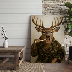 Maxcorners Funny Deer Brushing Teeth Wall Art – Rustic Bathroom Canvas for Cabin, Lodge & Man Cave Decor