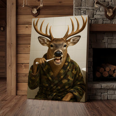 Maxcorners Funny Deer Brushing Teeth Wall Art – Rustic Bathroom Canvas for Cabin, Lodge & Man Cave Decor