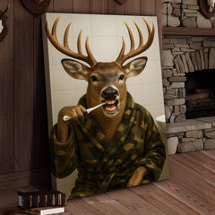 Maxcorners Funny Deer Brushing Teeth Wall Art – Rustic Bathroom Canvas for Cabin, Lodge & Man Cave Decor