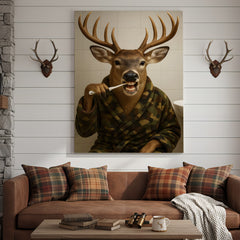 Maxcorners Funny Deer Brushing Teeth Wall Art – Rustic Bathroom Canvas for Cabin, Lodge & Man Cave Decor