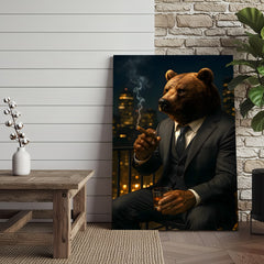 Maxcorners Boss Bear Wall Art – Suited Animal Smoking Canvas, Whiskey Lounge Decor, Alpha Man Gift