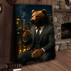 Maxcorners Boss Bear Wall Art – Suited Animal Smoking Canvas, Whiskey Lounge Decor, Alpha Man Gift