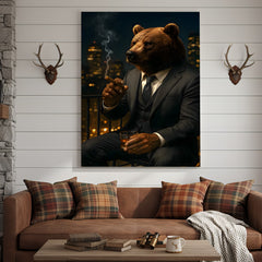 Maxcorners Boss Bear Wall Art – Suited Animal Smoking Canvas, Whiskey Lounge Decor, Alpha Man Gift