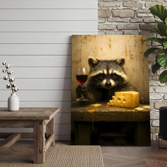 Maxcorners Raccoon with Wine and Cheese Canvas – Funny Bar Wall Art, Gentleman Gift for Men