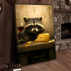 Maxcorners Raccoon with Wine and Cheese Canvas – Funny Bar Wall Art, Gentleman Gift for Men
