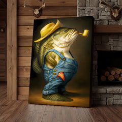 Maxcorners Funny Bass Wall Art – Farmer Fish Canvas for Fishing Lovers, Cabin & Lake House Decor