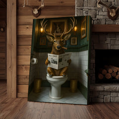 Maxcorners Funny Deer on Toilet Canvas Art – Stylish Animal Wall Art with Smoking and Wall Street Newspaper – Unique Bathroom Decor