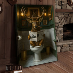 Maxcorners Funny Deer on Toilet Canvas Art – Stylish Animal Wall Art with Smoking and Wall Street Newspaper – Unique Bathroom Decor