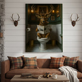 Maxcorners Funny Deer on Toilet Canvas Art – Stylish Animal Wall Art with Smoking and Wall Street Newspaper – Unique Bathroom Decor
