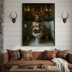 Maxcorners Funny Deer on Toilet Canvas Art – Stylish Animal Wall Art with Smoking and Wall Street Newspaper – Unique Bathroom Decor