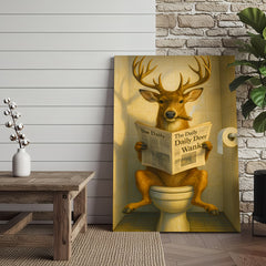 Maxcorners Funny Deer on Toilet Canvas – Quirky Animal Art Print with Smoking and Newspaper for Unique Wall Decor