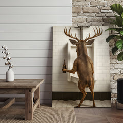 Maxcorners Deer Holding Beer and Standing at the Urinal Canvas – Hilarious Bathroom Wall Art for Rustic Cabin & Man Cave