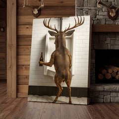 Maxcorners Deer Holding Beer and Standing at the Urinal Canvas – Hilarious Bathroom Wall Art for Rustic Cabin & Man Cave