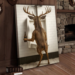 Maxcorners Deer Holding Beer and Standing at the Urinal Canvas – Hilarious Bathroom Wall Art for Rustic Cabin & Man Cave