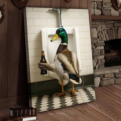 Maxcorners Funny Mallard Duck Holding Beer Bathroom Canvas – Duck at Urinal Wall Art, Rustic Cabin & Man Cave Decor