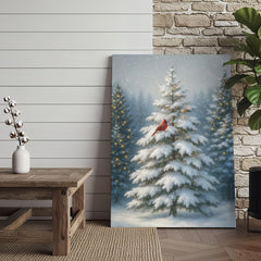 Maxcorners Cardinal in Snowy Christmas Forest Wall Art Canvas– Holiday Winter Decor Gift for Bird Lovers & Families