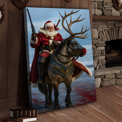 Maxcorners Epic Santa Riding Reindeer Canvas Wall Art, Fantasy Warrior Santa on Armored Reindeer Poster, Winter Christmas Wall Decor Print