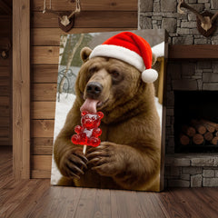 Maxcorners Funny Christmas Bear Canvas Wall Art, Santa Hat Brown Bear With Candy Print, Cute Winter Holiday Cabin Decor