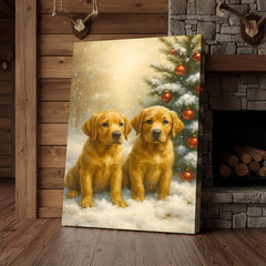 Maxcorners Christmas Golden Puppies Canvas Wall Art – Cute Labrador Dog Holiday Canvas Print, Winter Pet Wall Decor Gift